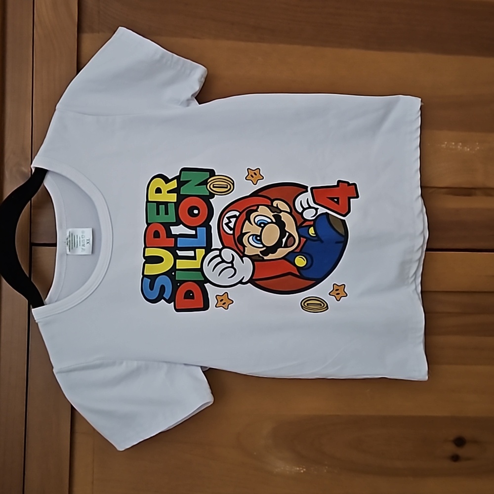 Super Mario 4th Birthday Super Dillon Short Sleeve T-Shirt Boys 4T or 5T White